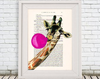 Fantasy Giraffe Print, Animal with bubblegum, Merry Everything,Happy Always,Joy Peace and Love, gift for her, green,Wall Art Prints