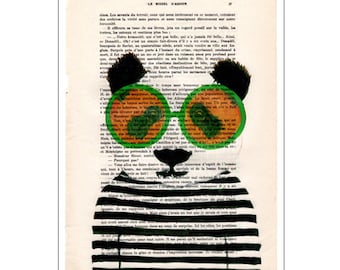 Stripy panda, fashion panda, sunglasses, Art print, original panda on vintage paper artwork for wall decoration or birthday gift.