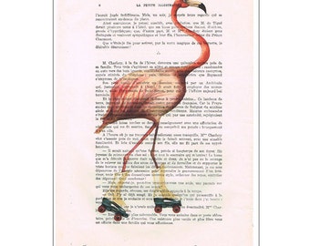 Flamingo Art Print Pink Wall Decor Bird Watercolor Painting, printed version of original painting of Coco de Paris: Flamingo on rollerskates