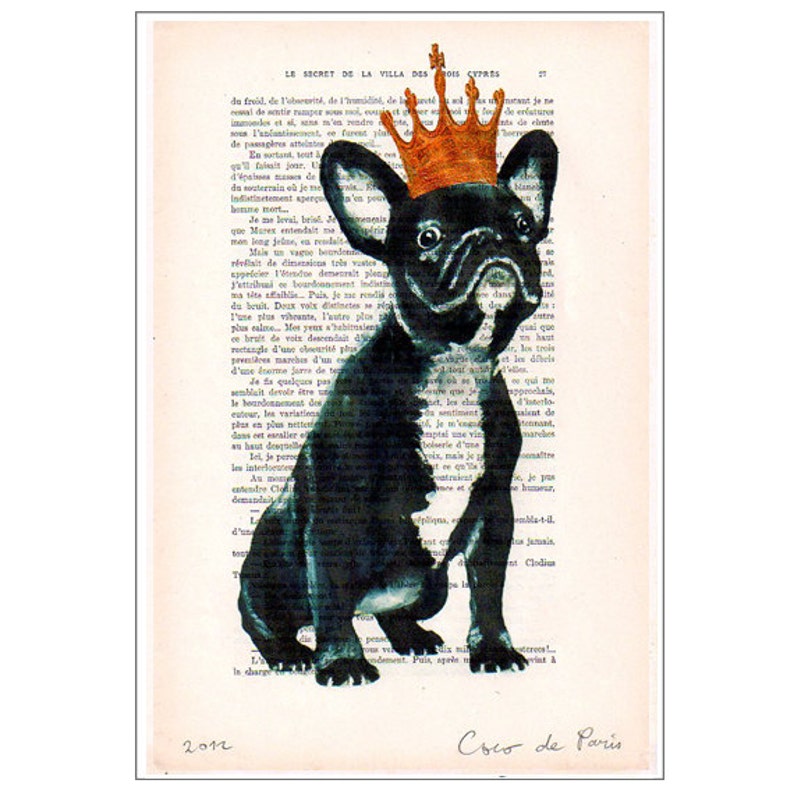 Happy French Bulldog Print, Frenchie with Crown,Bulldog King, Bulldog Artwork, French Vintage Paper, Nursery Artwork, Wall Art Prints image 2