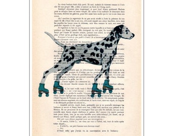 Dalmatian rollerskates, Art print, original giraffe on vintage paper artwork for wall decoration or birthday gift.