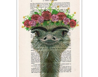 Frida Kahlo Ostrich, original rabbit print on vintage paper for wall decoration or birthday gift.