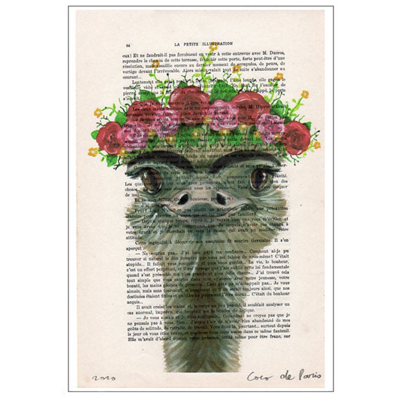 Frida Kahlo Ostrich Original Rabbit Print on Vintage Paper - Etsy