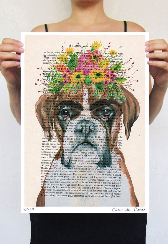 Boxer Frida Kahlo Original Fox Print on Vintage Paper for Wall