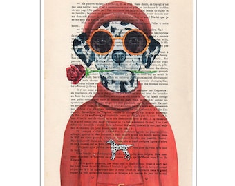 Dalmatienne avec Rose, Imprimée d’art, peinture animaux, décoration animaux, cadeau d’art, imprimée vintage, abordable