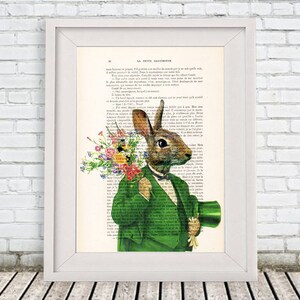 Rabbit in green,Nursery, Rabbit Art Print, Merry Everything,Happy Always,Joy Peace and Love,Rabbit Wall Art, Hare Print, Alice in Wonderland image 1