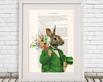 Rabbit in green,Nursery, Rabbit Art Print, Merry Everything,Happy Always,Joy Peace and Love,Rabbit Wall Art, Hare Print, Alice in Wonderland