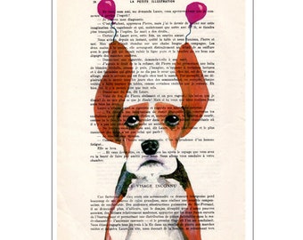 Beagle avec ballons, affiche de beagle, illustration de beagle, peinture acrylique, décoration de portrait d'animal, tenture murale, amateurs de beagle