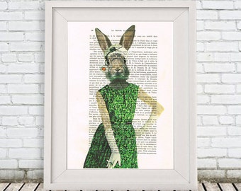 green Rabbit Print,Fashion Victim,Vintage Rabbit, Bunny Print, Merry Everything,Happy Always,Joy Peace and Love,Wall Art Prints,Rabbit Decor