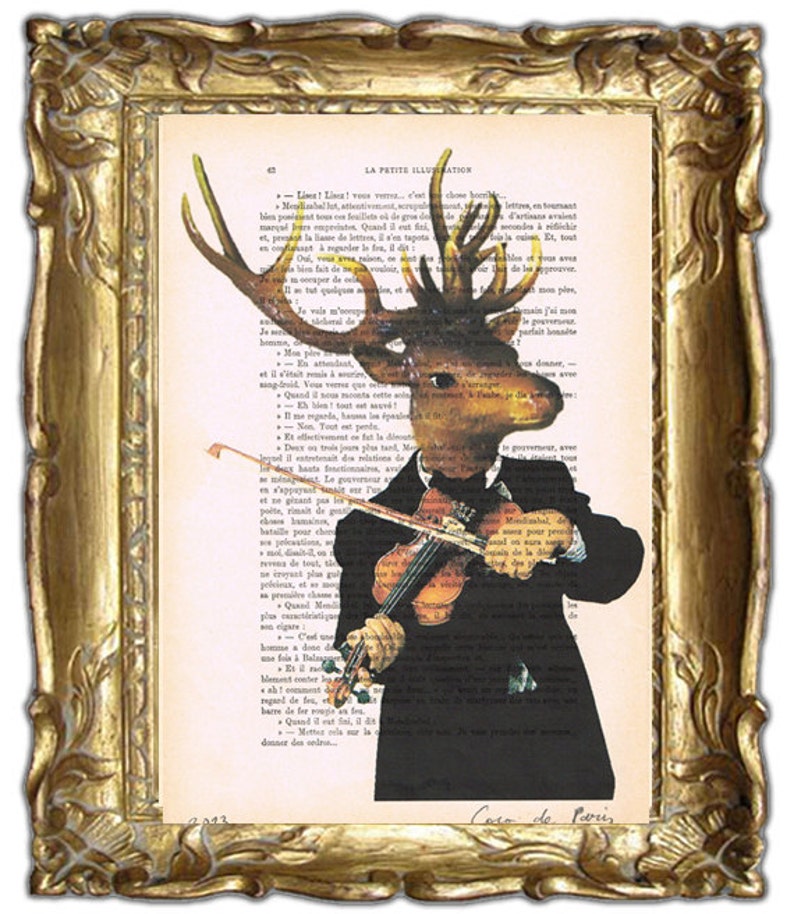 Deer violonist: original illustration wall art wall decor Mixed Media Digital Illustration Print Art Poster Acrylic Painting Drawing image 3