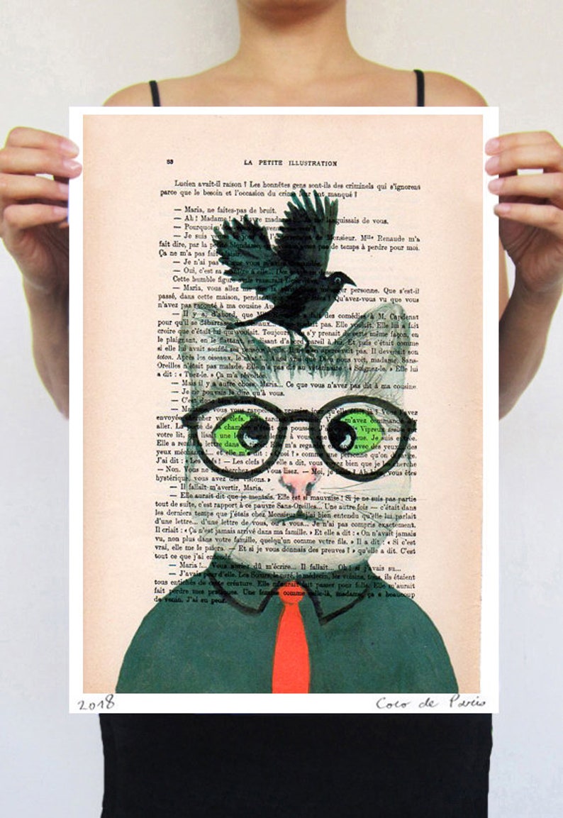 Cat with craw, cat art, cat painting, craw print, cat with bird,kitty art, art print,human animal, animal design, affortable art, cat art image 2