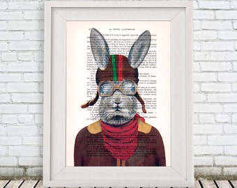 Rabbit with helmet, Rabbit Print Print Illustration Acrylic Painting Animal Painting Picture Wall Art deer illustration painting vintage