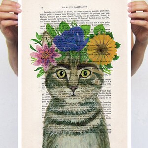 Frida Kahlo Cat, original rabbit print on vintage paper for wall decoration or birthday gift. image 2