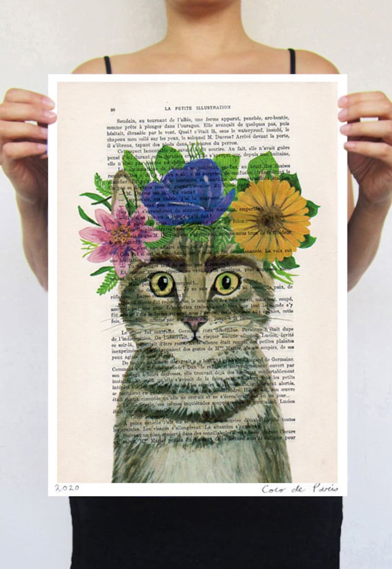 Frida Kahlo Cat, original rabbit print on vintage paper for wall decoration or birthday gift. image 2