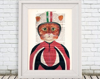 Cat with helmet, moto cat, Digital Print Poster Drawing Illustration Giclee Mixed Media Art Acrylic Painting Holiday Coco de Paris