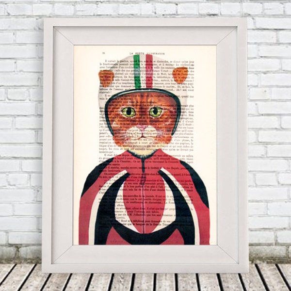 Kat met helm, moto kat, digitale print poster tekening illustratie Giclee Mixed Media Art Acryl schilderij vakantie Coco de Paris