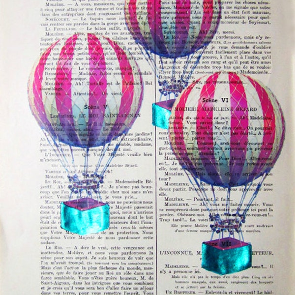 3 Air balloons- Original Illustration-Art Print-Art Poster- Hand Painting Mixed Media- French 1920 Vintage Paper