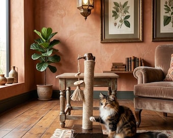 Natural Wood Cat Scratching Post with Toy |  | Handmade Cat Furniture | Jute Scratch Pole