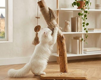 Arranhador de madeira artesanal para gatos com brinquedos de corda de juta