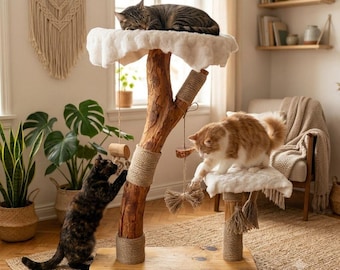 Natural Wood Cat Tree, Real Branch Cat Tower, Rustic Modern Cat Furniture, Eco Friendly Wooden Cat Scratcher with Soft Beds & Hanging Toys