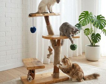 Modern Wooden Cat Tree for Indoor Cats, Natural Wood Cat Tower, Handmade Rustic Cat Furniture, Cat Scratching Post