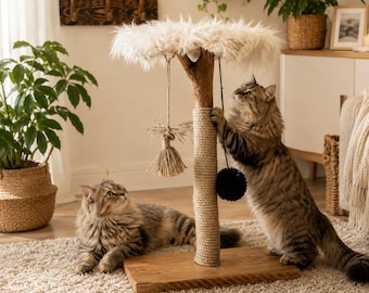 Rustic Wooden Cat Tree with Platform | Natural Cat Scratcher with Toy | Handmade Cat Furniture Jute Cat Scratching Post