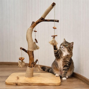 May include: A natural wood cat tree with rope-wrapped sections and hanging toys. The cat tree has a wooden base and is adorned with small wooden discs and tassels. A tabby cat reaches up to play with one of the hanging toys.