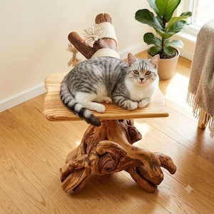 May include: A grey and white tabby cat resting on a wooden platform supported by a natural tree root base. The structure features a vertical branch wrapped in cream-coloured rope with decorative tassels, providing a stable perch for the feline.