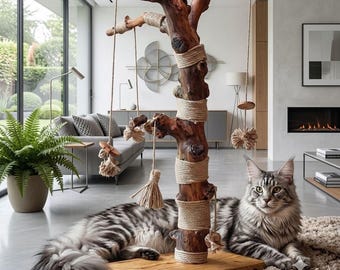 Heavy Duty Natural Wood Cat Tree for Large Cats, Solid Wooden Cat Scratcher Tower, Real Branch Cat Furniture, Modern Rustic Cat Gym