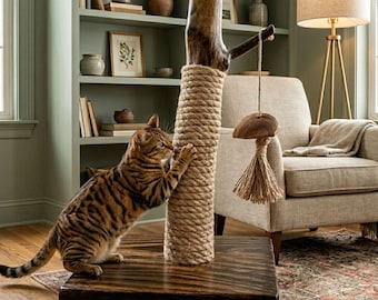 Natural Wood Cat Scratching Post with Toy |  | Handmade Cat Furniture |