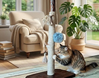 Handmade Wooden Cat Scratching Post with Jute Rope & Toys