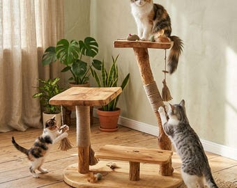 Handcrafted Wooden Cat Tree Tower, Natural Jute Rope Scratching Post, Eco-Friendly Design