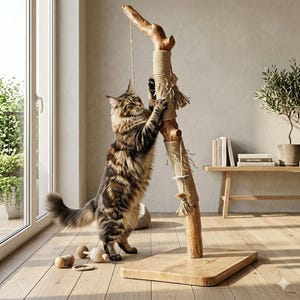 May include: A brown tabby cat stands on its hind legs, scratching a tall cat tree made from a natural wooden branch. The branch features sections wrapped in thick beige sisal rope, hanging toy tassels, and a flat, rectangular wooden base.