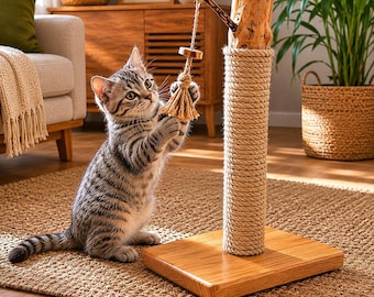Natural Wood Cat Scratching Post with Toy |  | Handmade Cat Furniture | Jute Scratch Pole