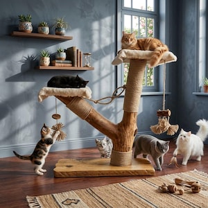 Puede incluir: Un árbol para gatos de varios niveles construido con ramas de madera natural y cuerda de sisal, con dos plataformas de felpa color crema, juguetes de yute colgantes y una base de madera maciza, ocupado por seis gatos de diversas razas y colores.
