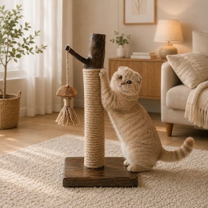 Griffoir pour chat en bois naturel avec jouet | grattoir rustique pour chats d'intérieur | Meubles de chat faits main | Bâton à gratter en sisal | Cadeau chat
