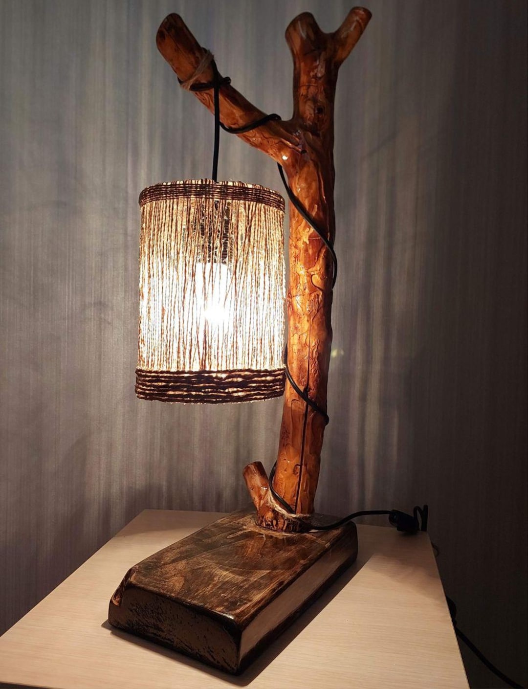 Rustic Rope Lamp, Handmade Wooden Table Light,natural Bedside Lamp ...