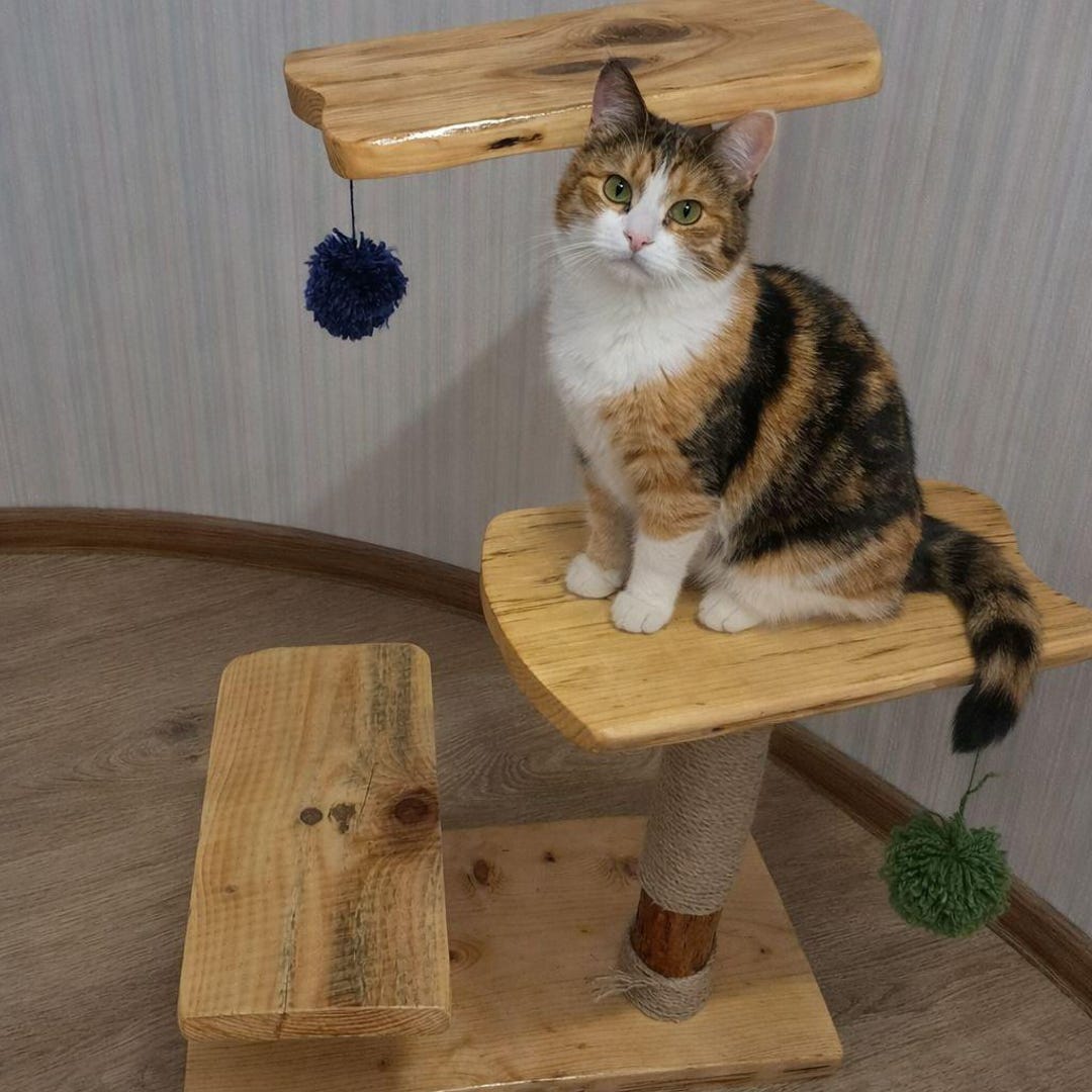 Handmade Wooden Cat Tree, Natural Wood, Cat Play Tower,rustic Cat Tree ...