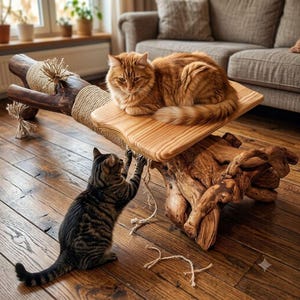 May include: A cat furniture piece crafted from a natural dark wood log with a smooth, light-colored wooden platform attached. The log features sections wrapped in thick tan rope for scratching. An orange tabby cat rests on the platform.