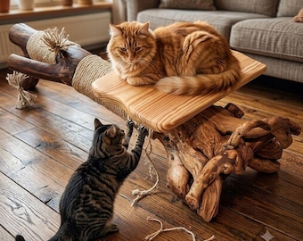 Rascador de madera natural para gatos, árbol para gatos de madera flotante hecho a mano con percha, muebles rústicos para gatos, rascador para gatos de interior.