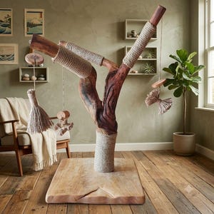 Natural Wood Cat Tree Scratching Post with Hanging Jute Toys, Modern Rustic Cat Furniture, Solid Wooden Cat Gym, Eco Friendly Cat Scratcher