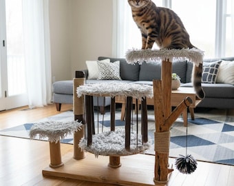 Handmade Wooden Cat Tree with House |Jute Scratching Posts