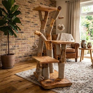 May include: A multi-level cat tree constructed from natural wood branches with a wide base, featuring several platforms and vertical posts wrapped in thick beige sisal rope. A small hanging toy with a cork labeled 0312 dangles from the top.