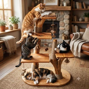 Puede incluir: Un árbol para gatos de varios niveles hecho de madera natural con varias plataformas, postes envueltos en cuerda de sisal y juguetes de madera colgantes. Cuatro gatos de distintos colores interactúan con la estructura de madera.