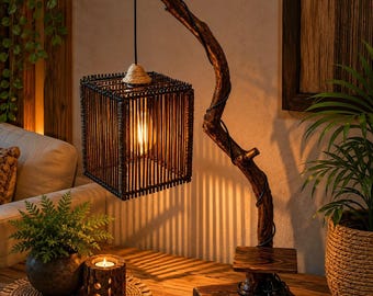 Rustic Driftwood Floor Lamp, Handmade Natural Wood Branch Lamp, Wicker Shade