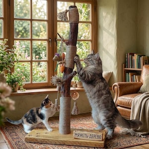 Natural Driftwood Cat Scratching Post, Wooden Cat Tree with Jute Rope Toys, Rustic Real Wood Cat Furniture, Boho Cat Playground Tower