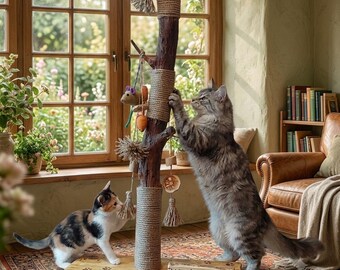 Kratzbaum aus Treibholz, rustikaler Katzenkratzbaum aus Holz mit Juteseilspielzeug, rustikale Katzenmöbel aus Echtholz, Boho-Spielturm für Katzen