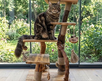 天然木製キャットツリー、ジュート製爪とぎポール、吊り下げおもちゃ付き、素朴な本物の枝の猫用家具、環境に優しい猫用タワー止まり木