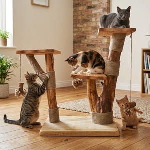 Modern Wooden Cat Tree for Indoor Cats, Natural Wood Cat Tower, Handmade Rustic Cat Furniture,