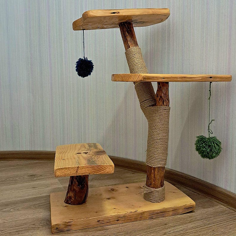 Handmade Wooden Cat Tree, Natural Wood, Cat Play Tower,rustic Cat Tree ...